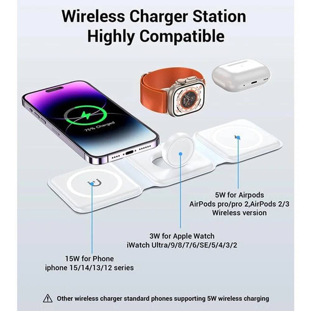 3 in 1 Magnetic Wireless Charger Pad for iPhone 17 16 15 14 13 Pro Max Apple Watch 11 10 9 8 AirPods Chargers Fast Charging Dock Station