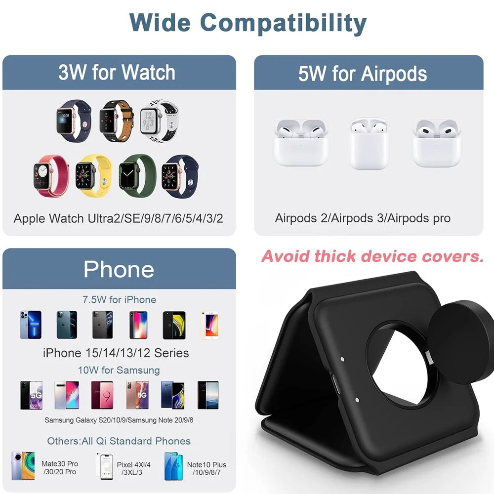 3 in 1 Magnetic Wireless Charger Pad for iPhone 17 16 15 14 13 Pro Max Apple Watch 11 10 9 8 AirPods Chargers Fast Charging Dock Station