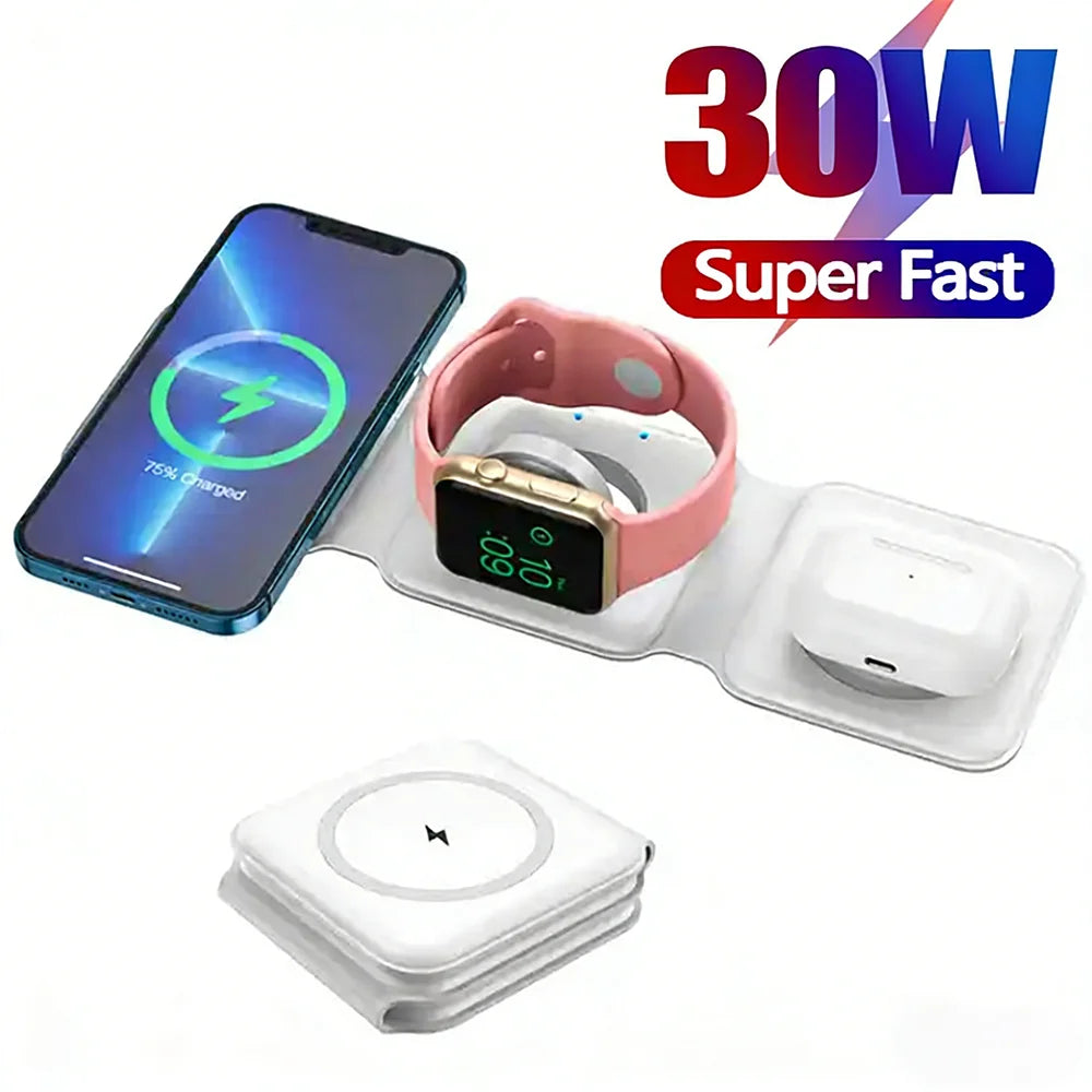 3 in 1 Magnetic Wireless Charger Pad for iPhone 17 16 15 14 13 Pro Max Apple Watch 11 10 9 8 AirPods Chargers Fast Charging Dock Station